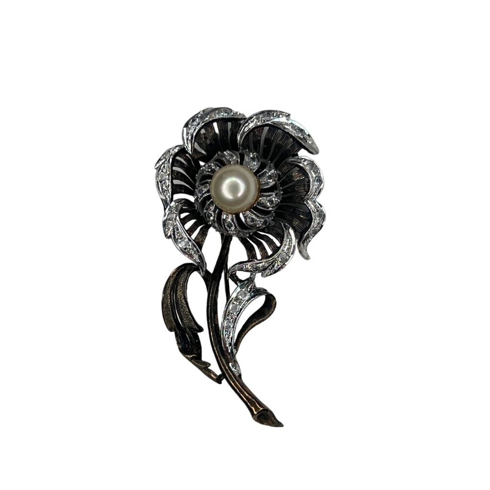 Vintage Floral Brooch Silver Tone With Pearl & Rhinestones 2" Long